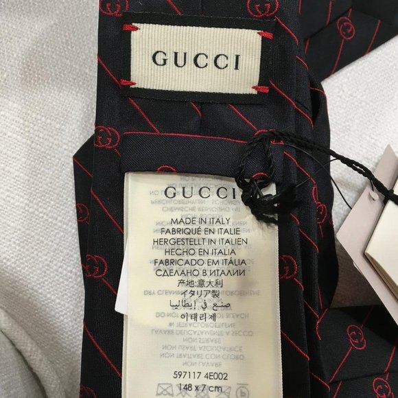 Gucci Men's Print Interlocking Red Double GG Motifs Tie Navy Blue Color DM11 - Picture 4 of 5